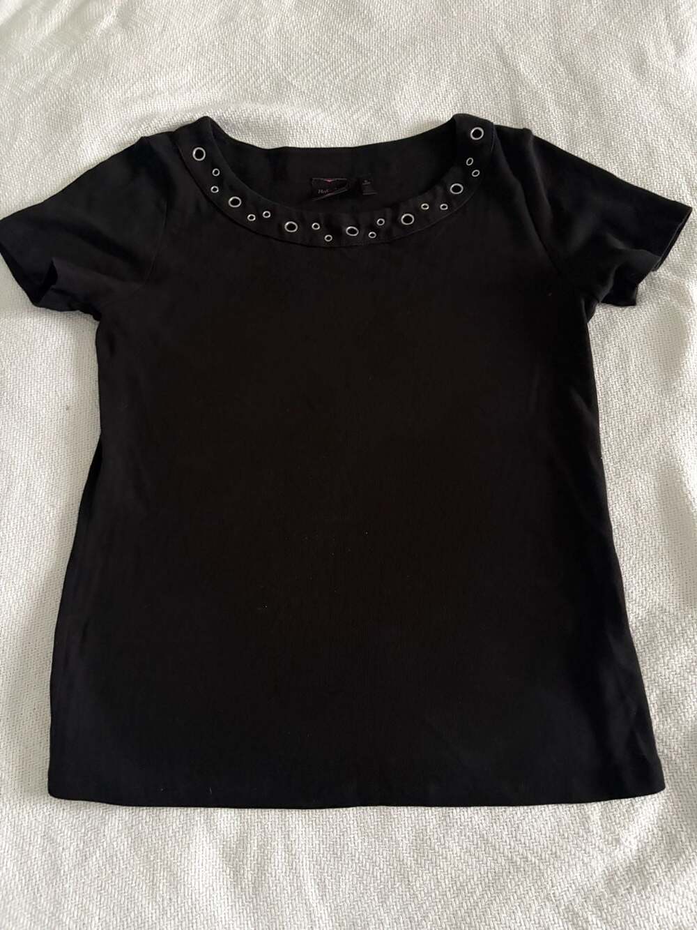 Rafaella Black Short Sleeve T-Shirt with Grommet Stud Detail Neckline